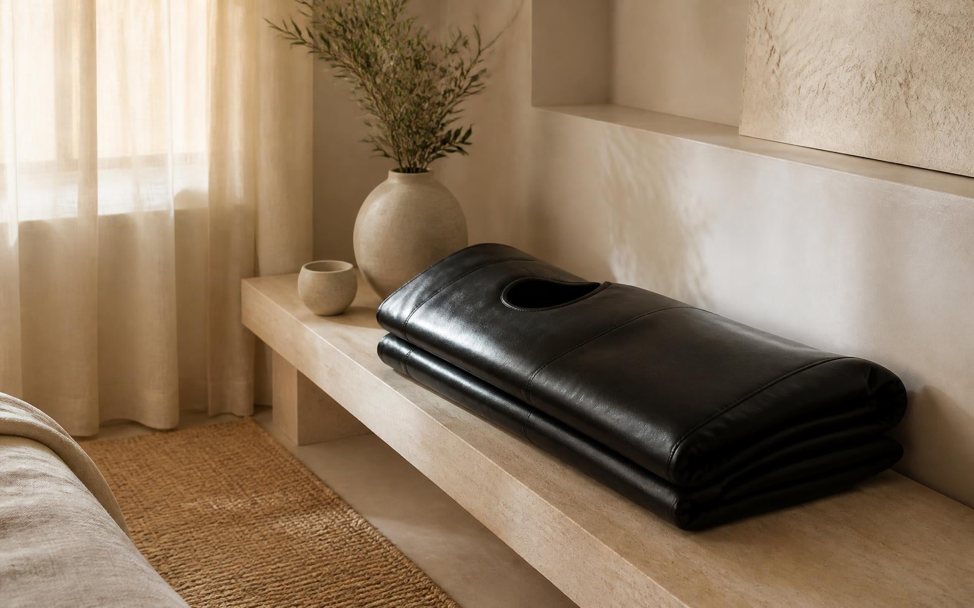 Folded black VELORA infrared sauna blanket resting on a stone bench in a calm ivory room