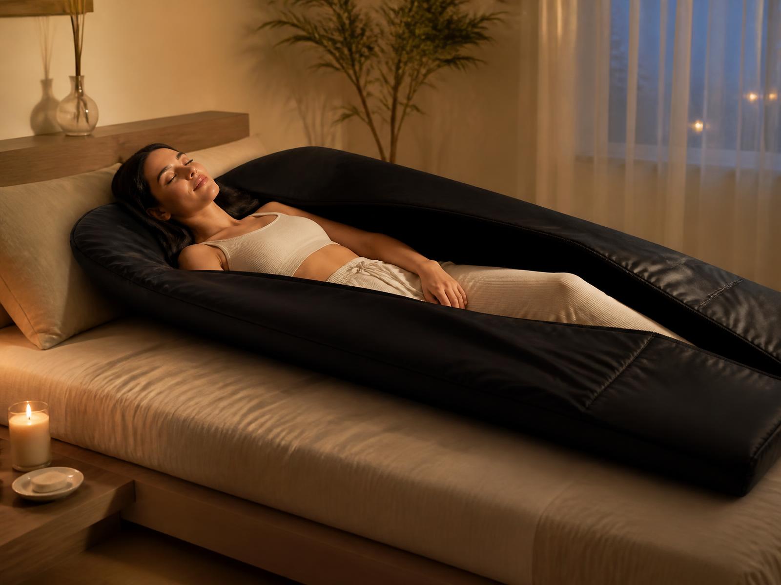 A person resting inside the VELORA infrared sauna blanket in a calm, dimly lit bedroom
